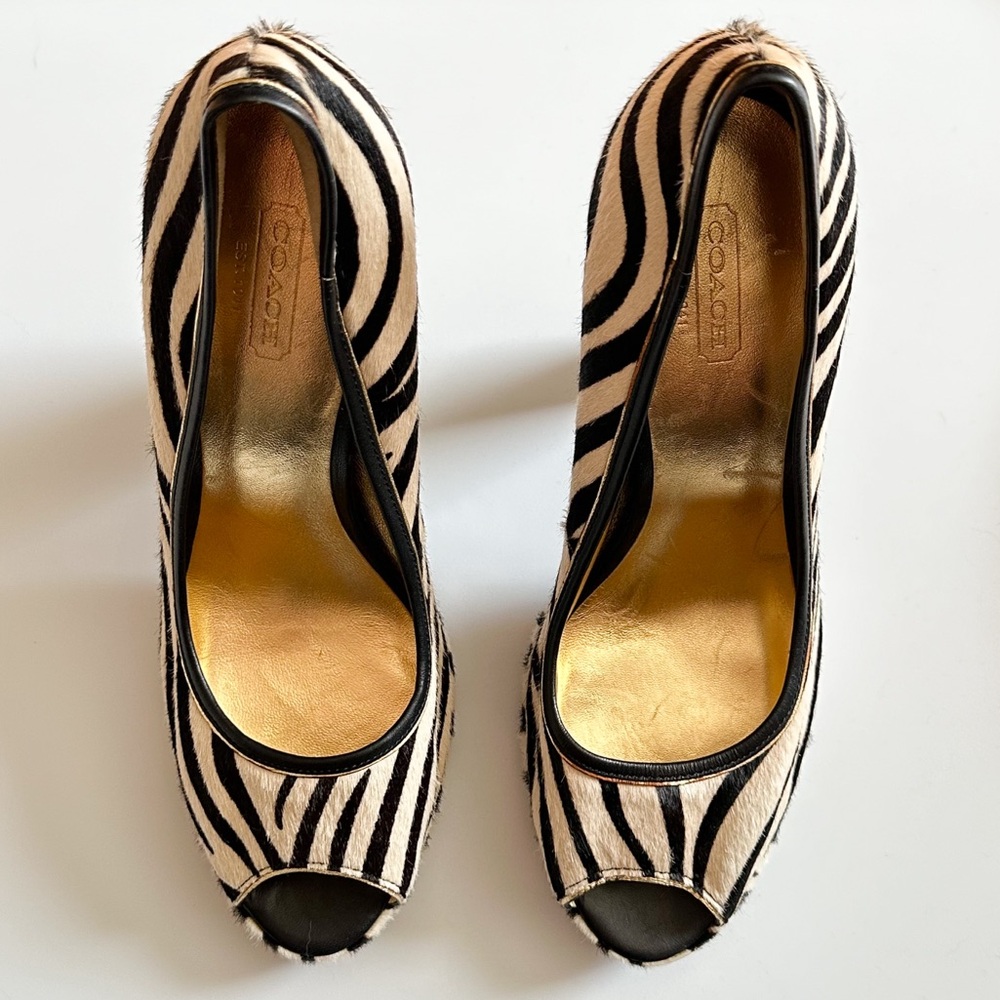 Coach Zebra Print Ponyhair Peep Toe Platform Heels